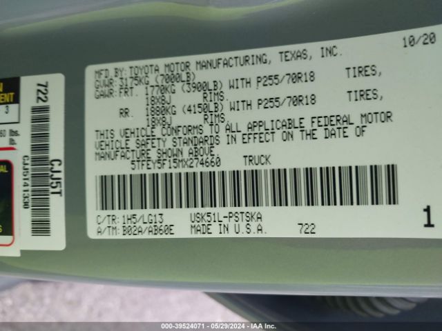 5TFEY5F15MX274660 Toyota Tundra Sr5