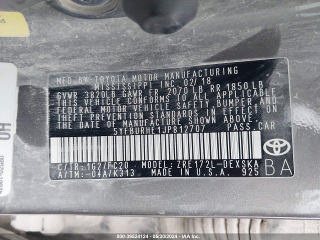 Toyota COROLLA SE 2018 5YFBURHE1JP812707 Image 9