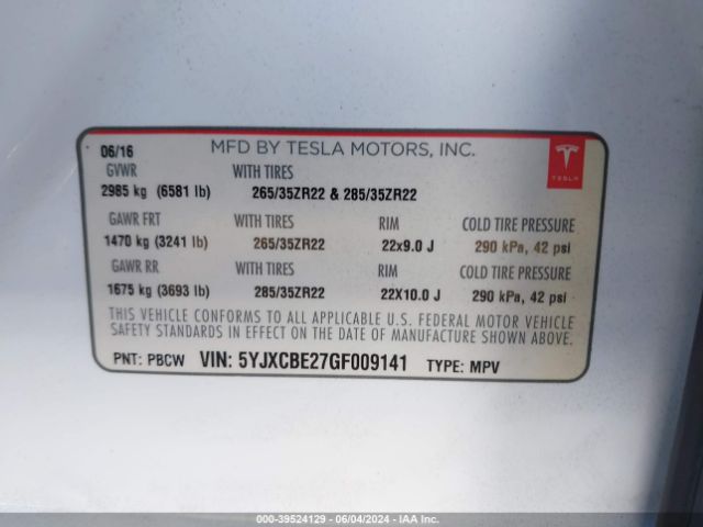 5YJXCBE27GF009141 Tesla Model X 60d/70d/75d/90d/p100d
