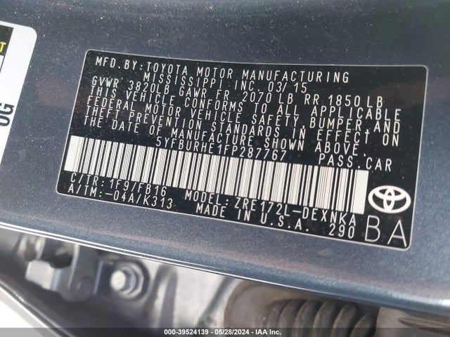 Toyota COROLLA LE 2015 5YFBURHE1FP287767 Image 9