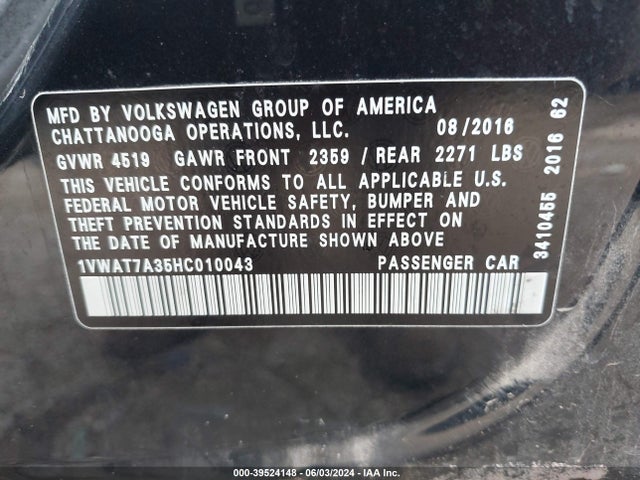 Volkswagen Passat 1.8t S 2017 1VWAT7A35HC010043 Image 9