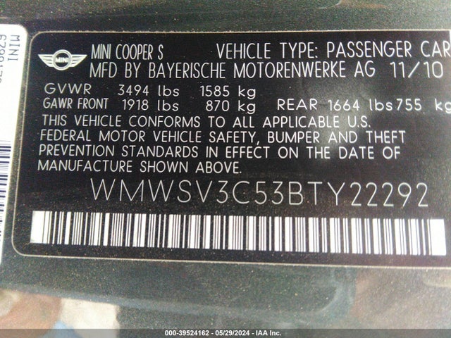 2011 MINI COOPER S WMWSV3C53BTY22292 Photo 8