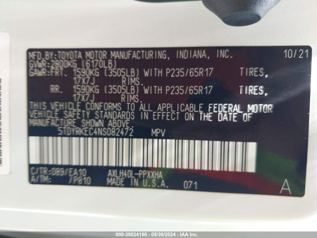 Toyota SIENNA XLE 2022 5TDYRKEC4NS082472 Image 9