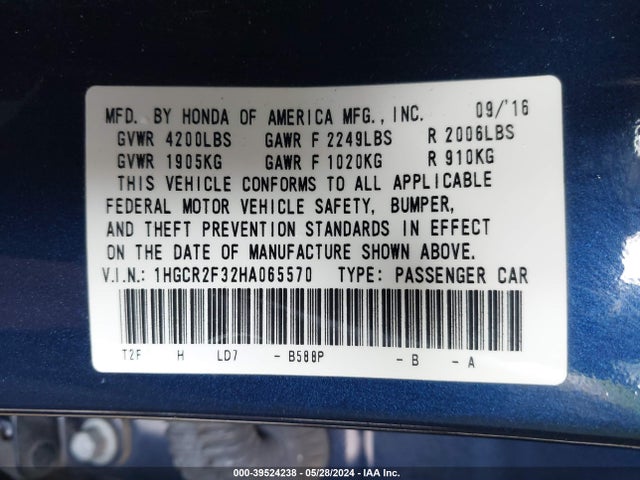 Honda ACCORD LX 2017 1HGCR2F32HA065570 Image 9