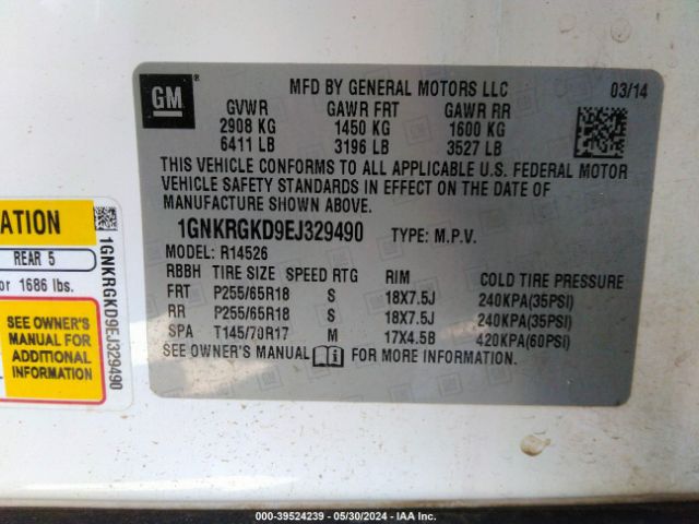 1GNKRGKD9EJ329490 Chevrolet Traverse 1lt