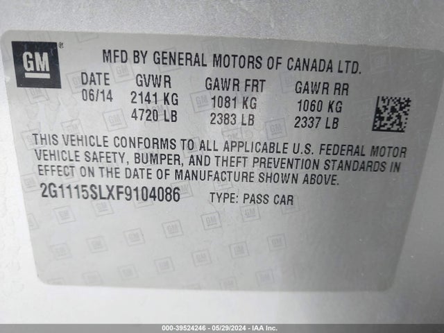 Chevrolet IMPALA 1LT 2015 2G1115SLXF9104086 Image 9