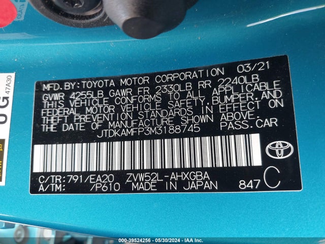 Toyota 2zr-fxe, 1nm+1sm 2021 JTDKAMFP3M3188745 Image 60