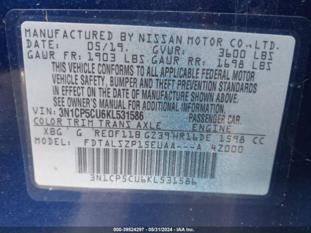 3N1CP5CU6KL531586 Nissan KICKS SV