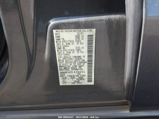 2007 Nissan Frontier Nismo Off Road მანქანა იყიდება აუქციონზე, vin: 1N6AD07U37C439491, აუქციონის ნომერი: 39524337