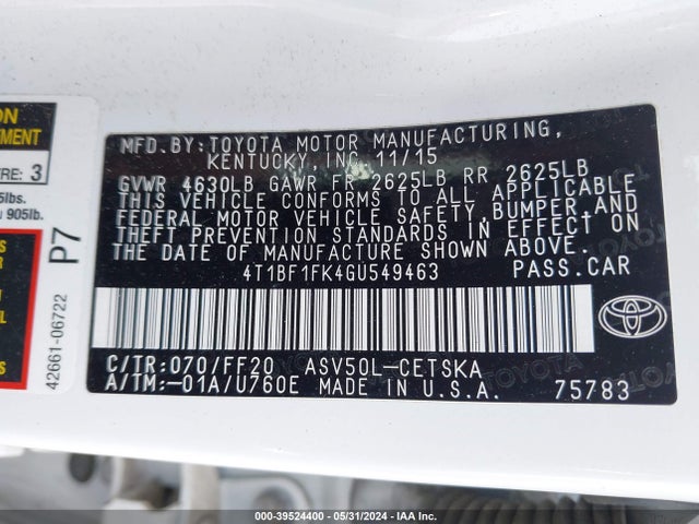 Toyota CAMRY SE 2016 4T1BF1FK4GU549463 Image 9