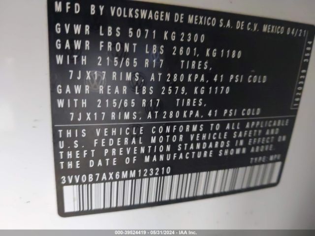 3VV0B7AX6MM123210 Volkswagen Tiguan 2.0t S