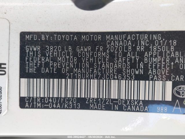 2T1BURHE7JC046353 Toyota COROLLA SE