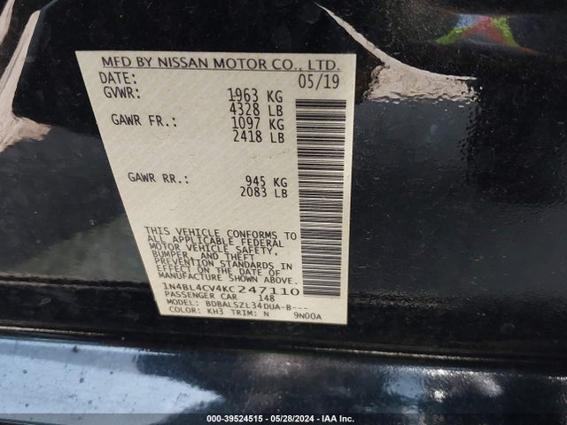 Nissan Altima 2.5 Sr 2019 1N4BL4CV4KC247110 Image 9