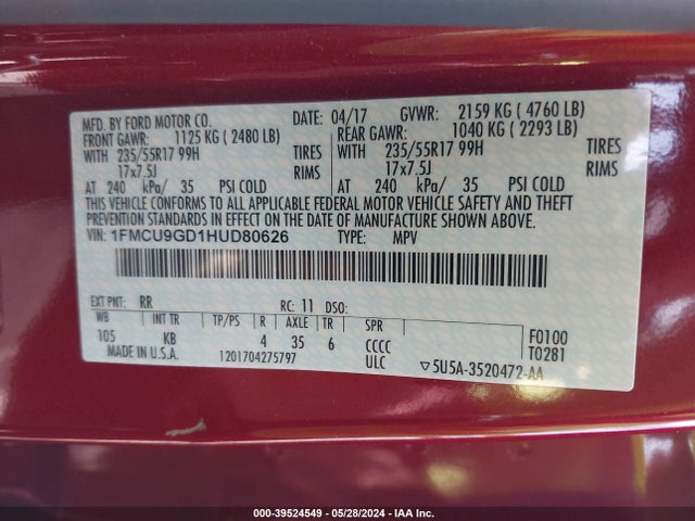 Ford ESCAPE SE 2017 1FMCU9GD1HUD80626 Image 9
