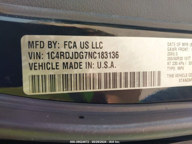 1C4RDJDG7NC183136 Dodge Durango Gt Plus Awd