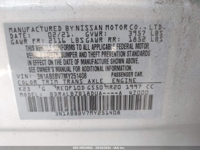 3N1AB8BV7MY251408 Nissan Sentra S Xtronic Cvt