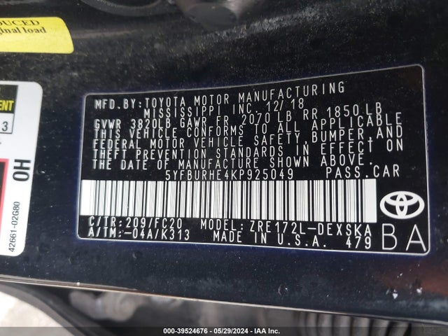 Toyota COROLLA SE 2019 5YFBURHE4KP925049 Image 9