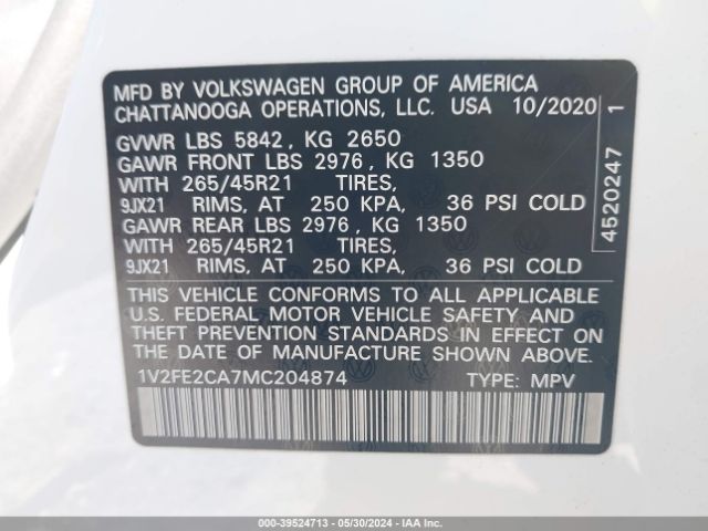 1V2FE2CA7MC204874 Volkswagen Atlas Cross Sport 3.6l V6 Sel Premium R-line