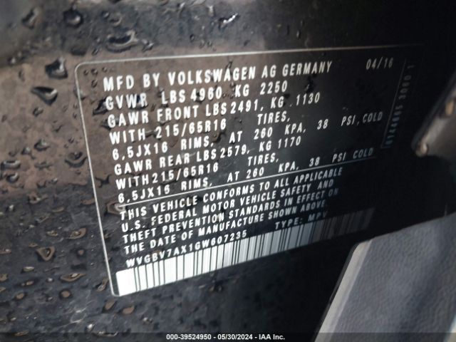 WVGBV7AX1GW607235 Volkswagen TIGUAN S