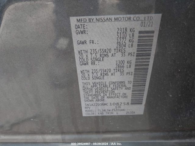 5N1AZ2DJ6MC108258 Nissan Murano Platinum Fwd