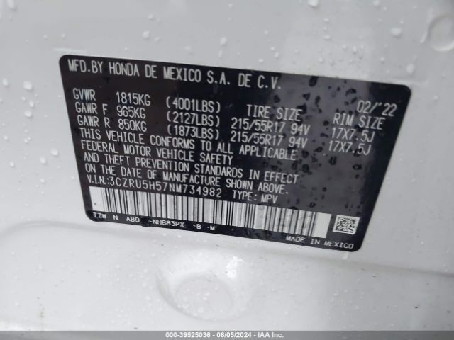 3CZRU5H57NM734982 Honda Hr-v 2wd Ex