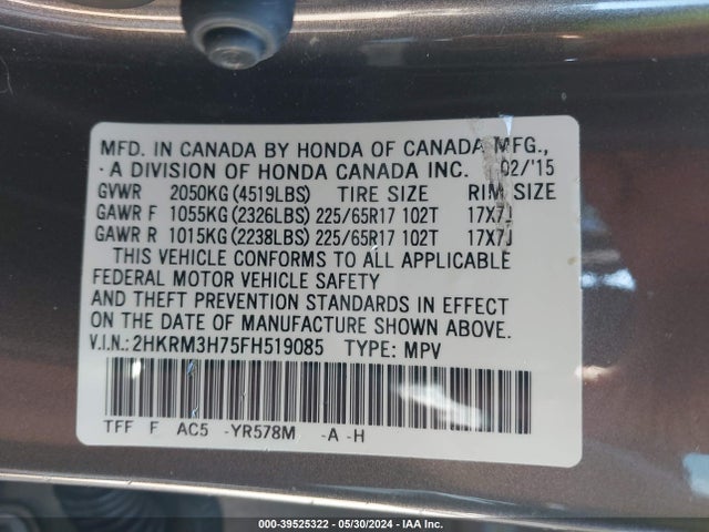 Honda Cr-v Ex-l 2015 2HKRM3H75FH519085 Image 9