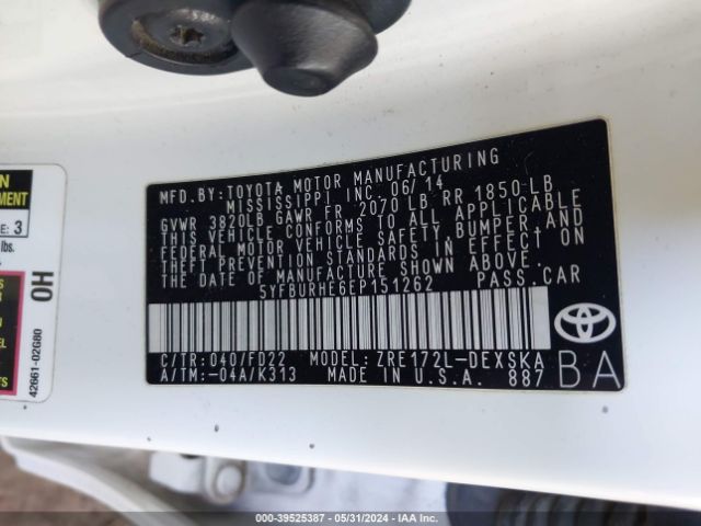 5YFBURHE6EP151262 Toyota Corolla S Plus