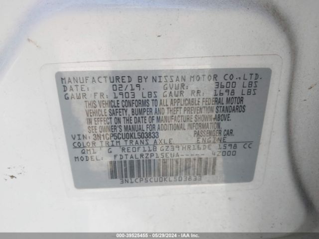 3N1CP5CU0KL503833 Nissan KICKS S