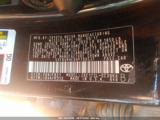 Toyota COROLLA LE 2017 5YFBURHE6HP706537 Image 9