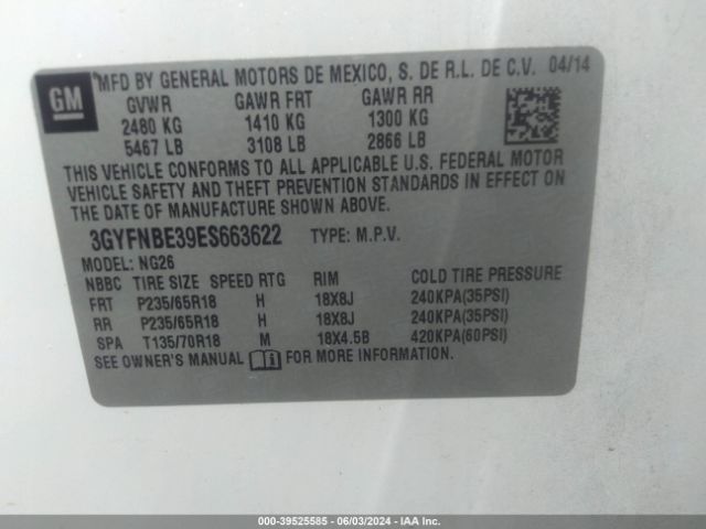 3GYFNBE39ES663622 Cadillac Srx Luxury Collection