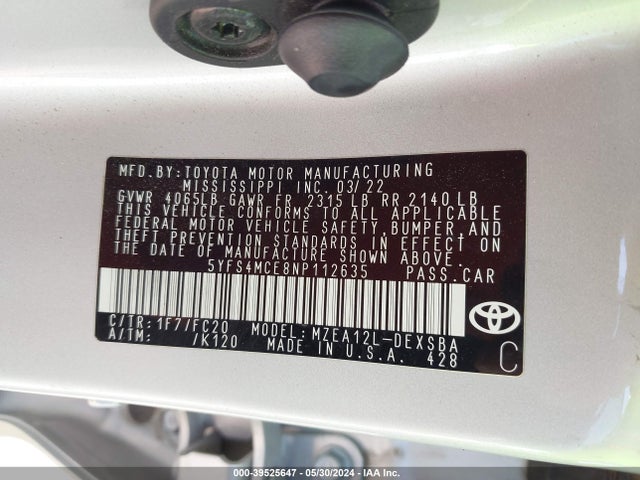 Toyota COROLLA SE 2022 5YFS4MCE8NP112635 Image 9