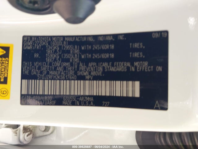 Toyota Highlander Xle 2019 5TDJZRFH2KS617640 Image 9