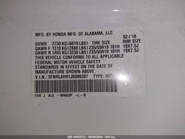 5FNRL6H91JB086507 Honda Odyssey Elite
