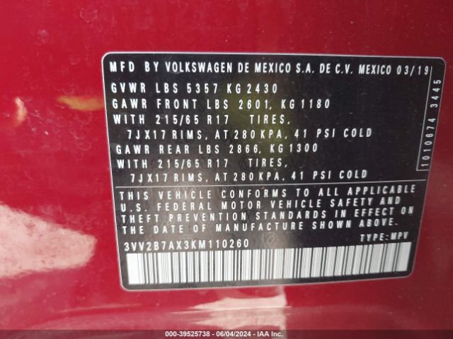 3VV2B7AX3KM110260 Volkswagen Tiguan 2.0t Se/2.0t Sel/2.0t Sel R-line/2.0t Sel R-line Black