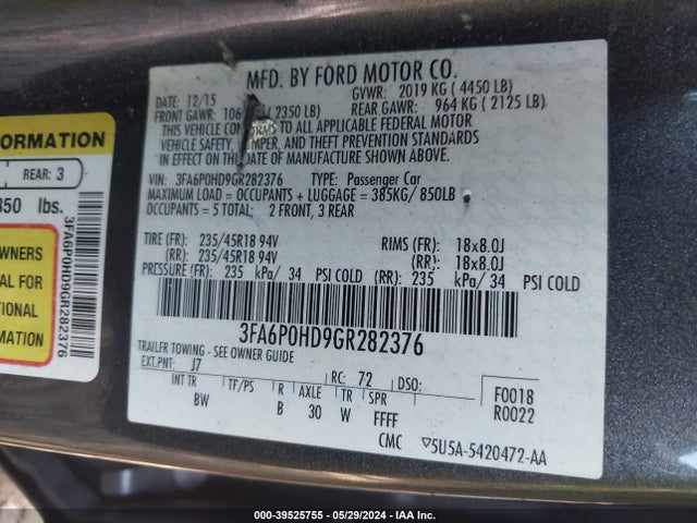 Ford FUSION SE 2016 3FA6P0HD9GR282376 Image 9