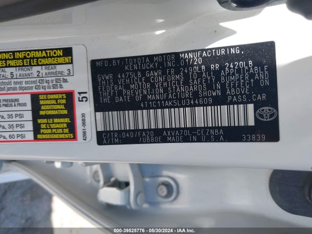 Toyota CAMRY LE 2020 4T1C11AK5LU344609 Image 9