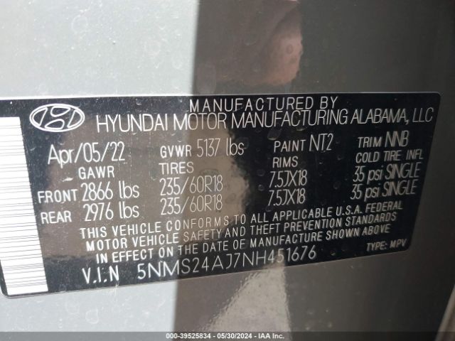 5NMS24AJ7NH451676 Hyundai Santa Fe Sel
