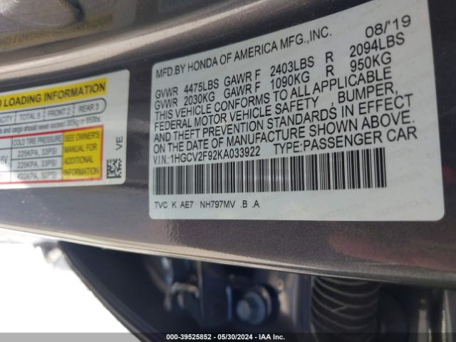1HGCV2F92KA033922 Honda Accord Touring 2.0t