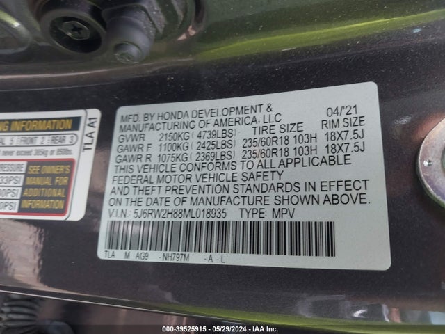 Honda Cr-v Awd Ex-l 2021 5J6RW2H88ML018935 Image 9