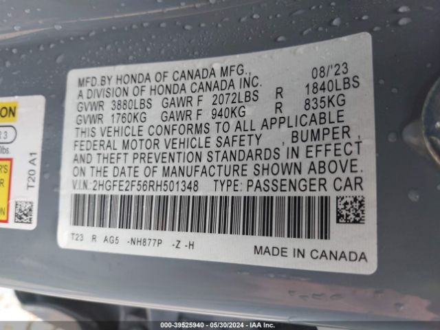 2HGFE2F56RH501348 Honda Civic Sport