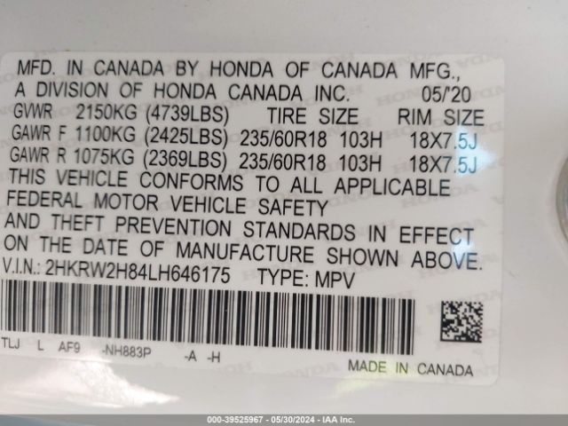 2HKRW2H84LH646175 Honda Cr-v Awd Ex-l