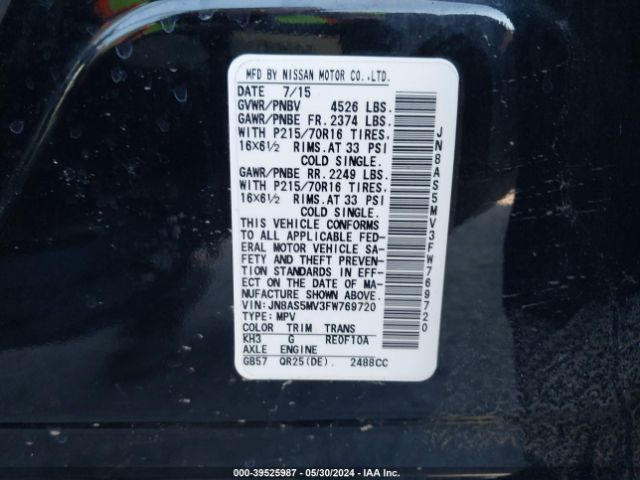 JN8AS5MV3FW769720 Nissan Rogue Select S