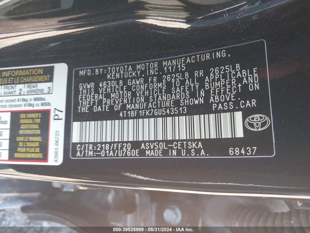 Toyota CAMRY SE 2016 4T1BF1FK7GU543513 Image 9