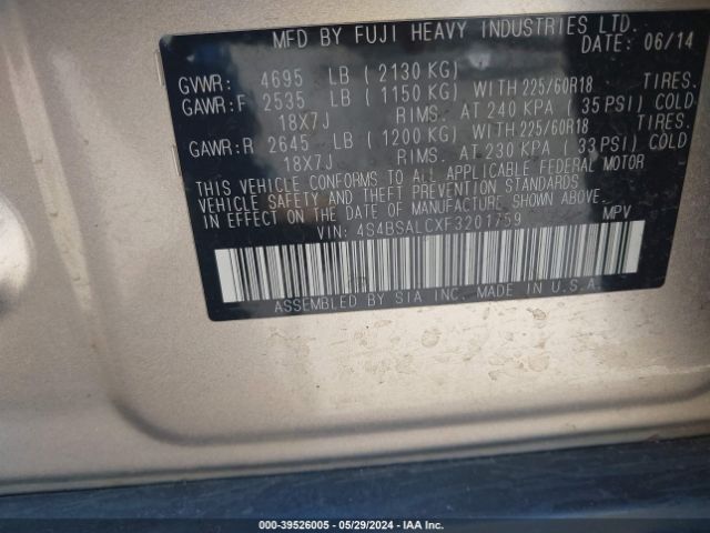 4S4BSALCXF3201759 Subaru Outback 2.5i Limited