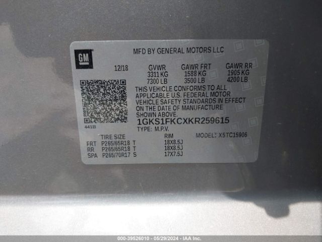 1GKS1FKCXKR259615 GMC Yukon Xl Sle