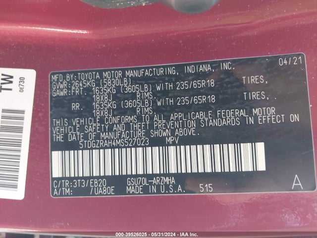 Toyota Highlander Xle 2021 5TDGZRAH4MS527023 Image 9