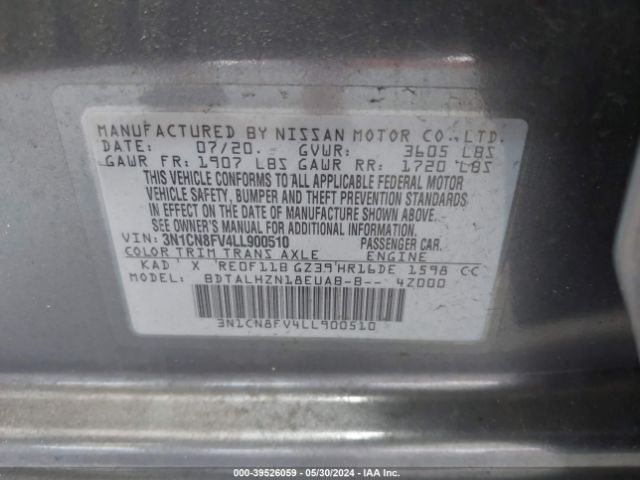 3N1CN8FV4LL900510 Nissan Versa Sr Xtronic Cvt