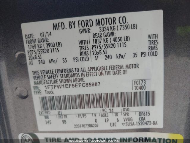 1FTFW1EF5EFC85987 Ford F-150 Platinum