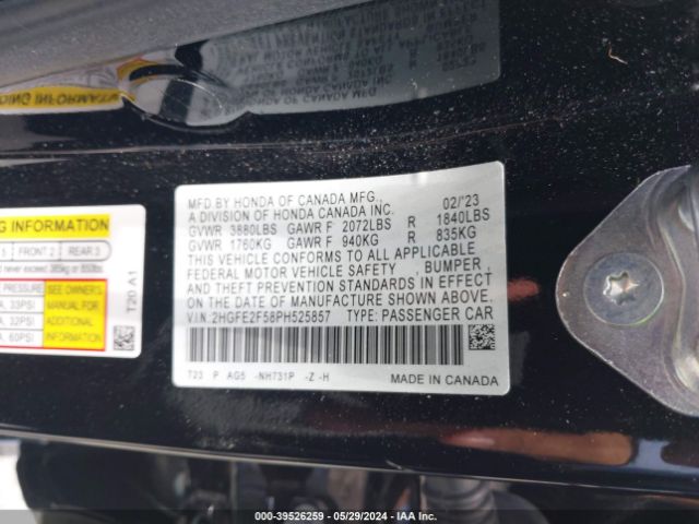 2HGFE2F58PH525857 Honda Civic Sport