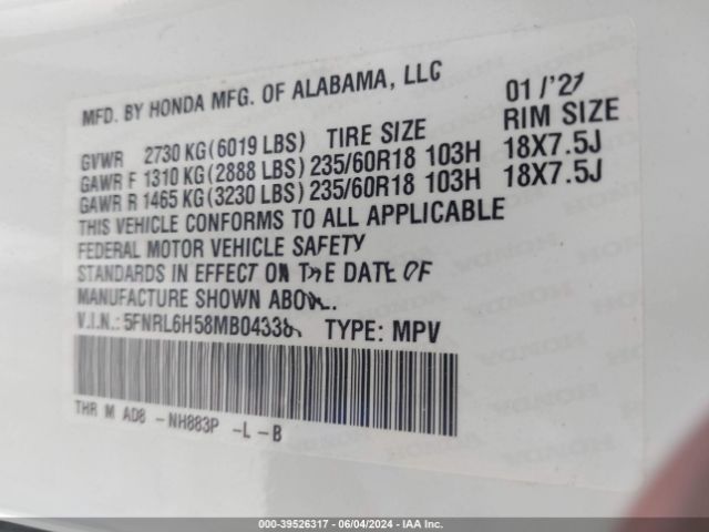5FNRL6H58MB043381 Honda ODYSSEY EX